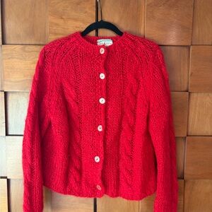Red Cable-Knit Button Cardigan